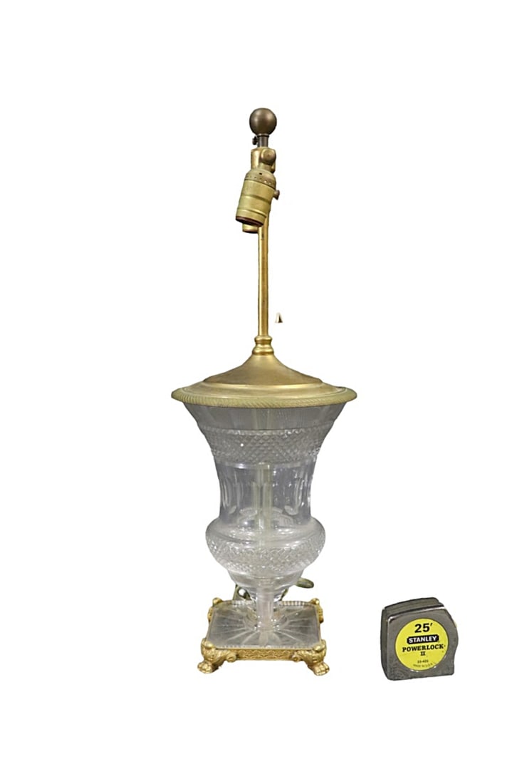 BRASS & CRYSTAL LAMP: Brass. Crystal. 2 lights. 25 1/4" h x 8 1/2" diameter.