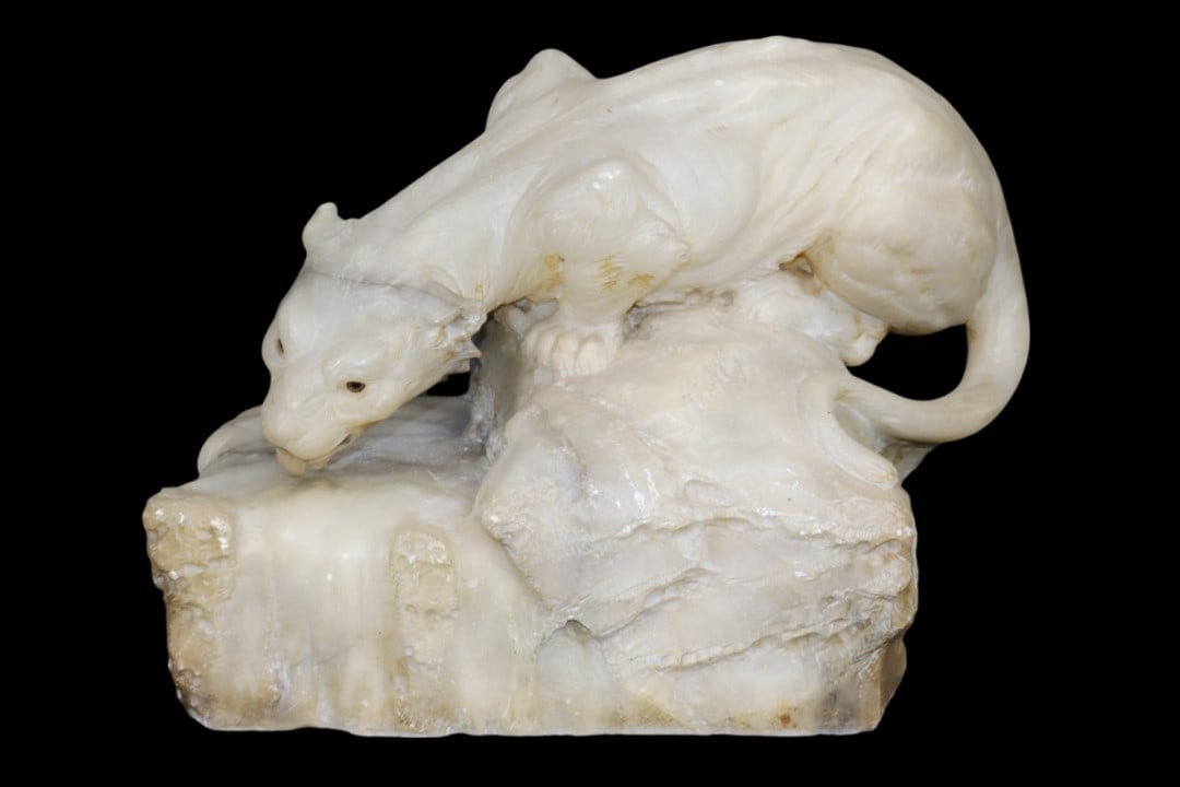 19TH C ITALIAN ALABASTER TIGER: Alabaster. 14 3/4" h x 20" w x 11 1/2" d.