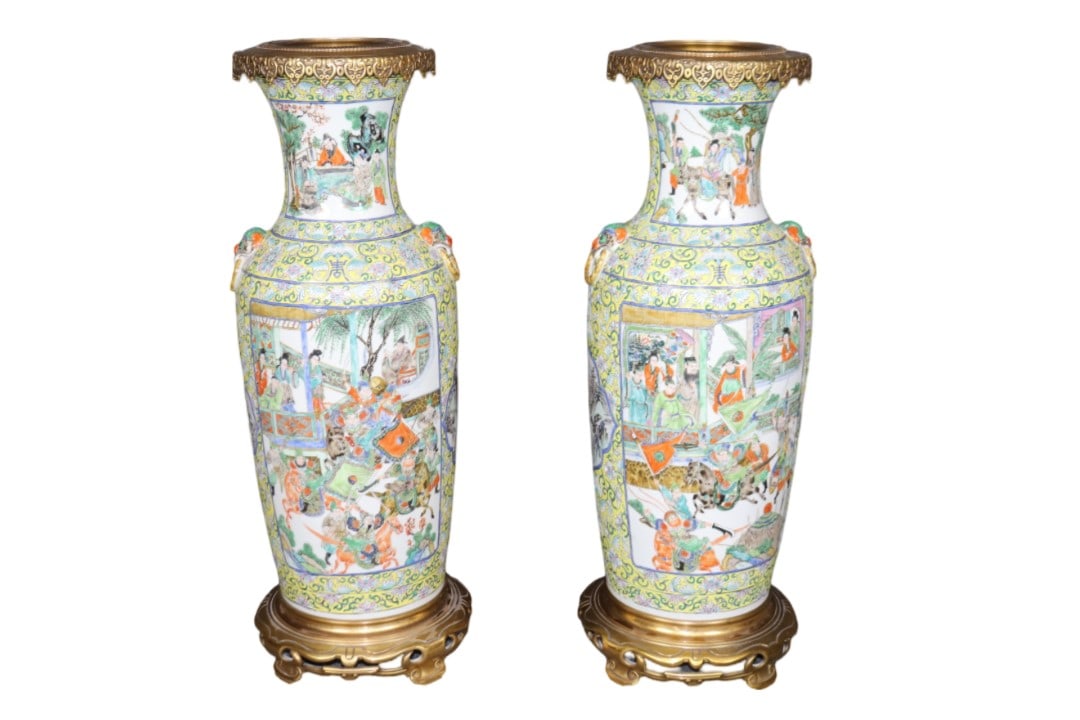 PAIR OF ASIAN PORCELAIN & BRONZE URNS (1 of 8)