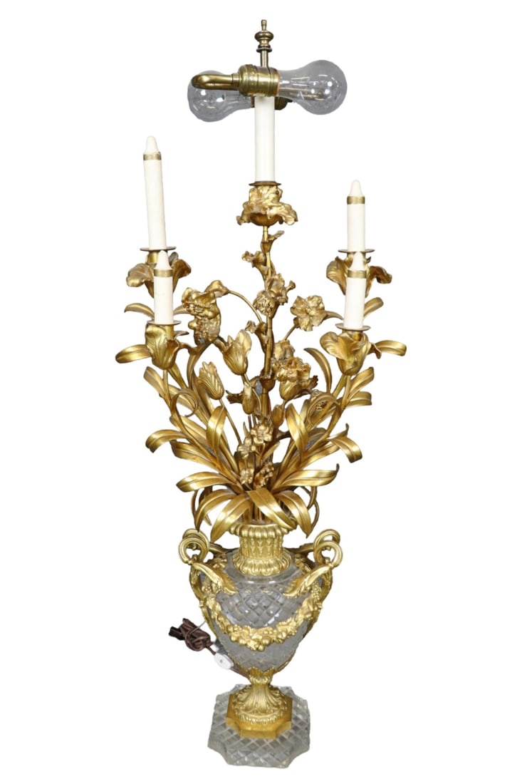 LOUIS XV STYLE CUT CRYSTAL & BRONZE CANDELABRA LAMP (1 of 10)