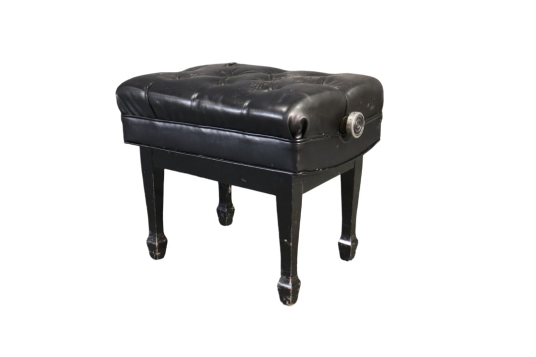 PAUL L JANSEN & SON PIANO BENCH: Black tufted. Vinyl. Ebonized wood. 20" h x 24" w x 17" d