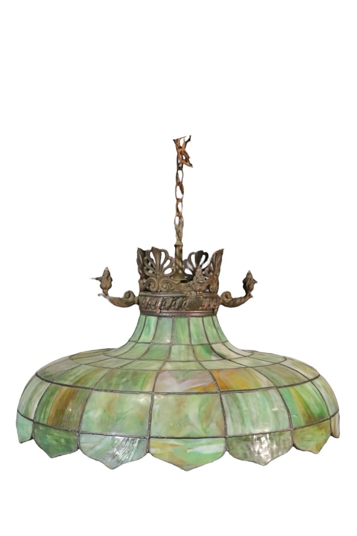 LEADED GLASS & BRONZE CHANDELIER: 14" h x 24 1/2" diameter.