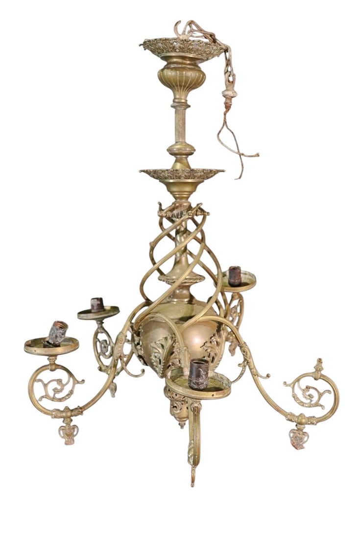 FRENCH BRONZE 5 ARM CHANDELIER: Bronze. 5 arm. 33 1/2" h x 27" diameter.