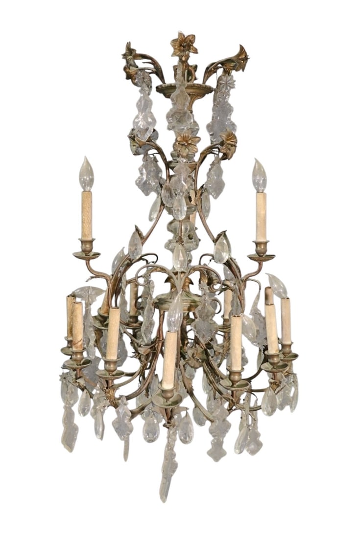 BRONZE & GLASS 15 ARM CHANDELIER: Bronze. Glass prisms. 15 arm. 37 1/2" h x 23" diameter.