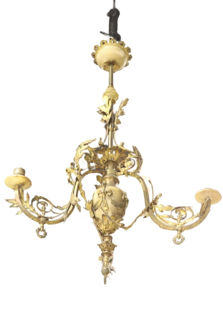 BRONZE & ALABASTER 3 ARM CHANDELIER: Bronze. 3 arms. Alabaster accents. 42 3/4" h x 26 1/2" diameter.