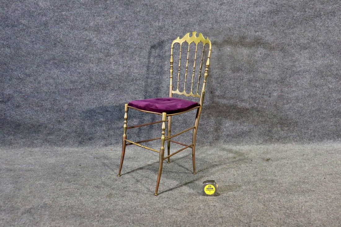 BRASS CHAIR MANNER OF GIUSEPPE GAETANO DESCALZI FOR CHIAVARI: Brass frame. Upholstered seat. 35 1/4" h x 14 7/8" w x 20" d. Seat height 18 3/4".