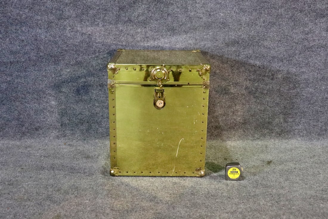 SARRIED STYLE BRASS TRUNK: Brass. Nail head trim. Flip up lid. 22 1/4" h x 18 1/4" square.