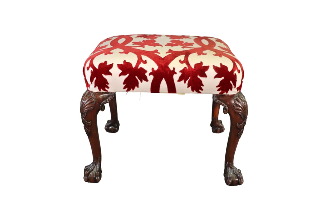 CARVED BALL & CLAW BENCH: Carved frame. Ball and claw feet. Upholstered seat. 20 3/4" h x 24 1/2" w x 21 1/2" d.