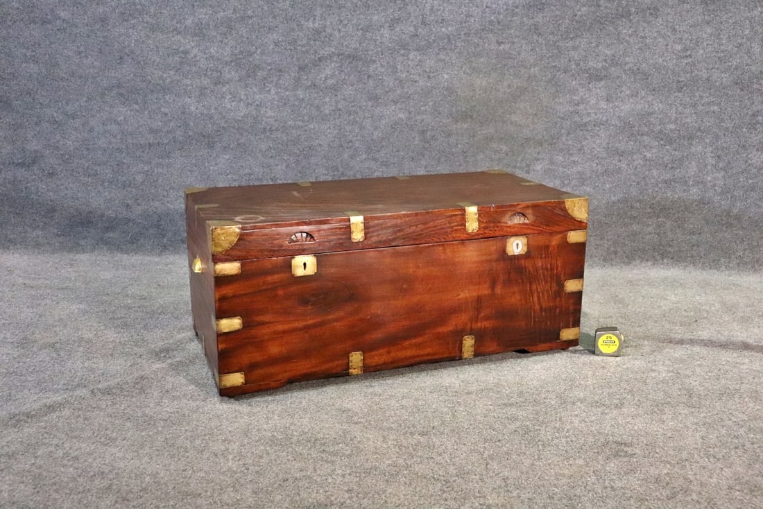 CAMPAIGN STYLE TRUNK: Wood. Brass accents. Flip up lid. 18 1/2" h x 42" w x 21" d.