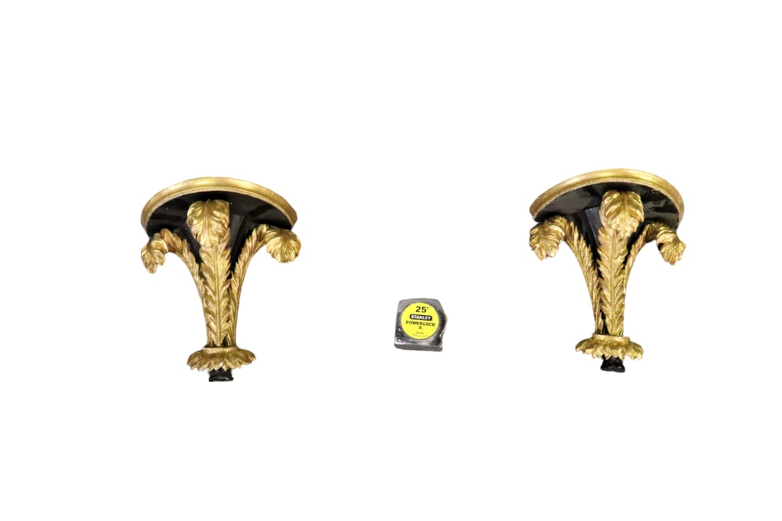 PAIR PRINCE OF WALES CARVED WOOD BRACKETS: Painted. Wood. 11 1/4" h x 10 1/4" w x 6 1/4" d.