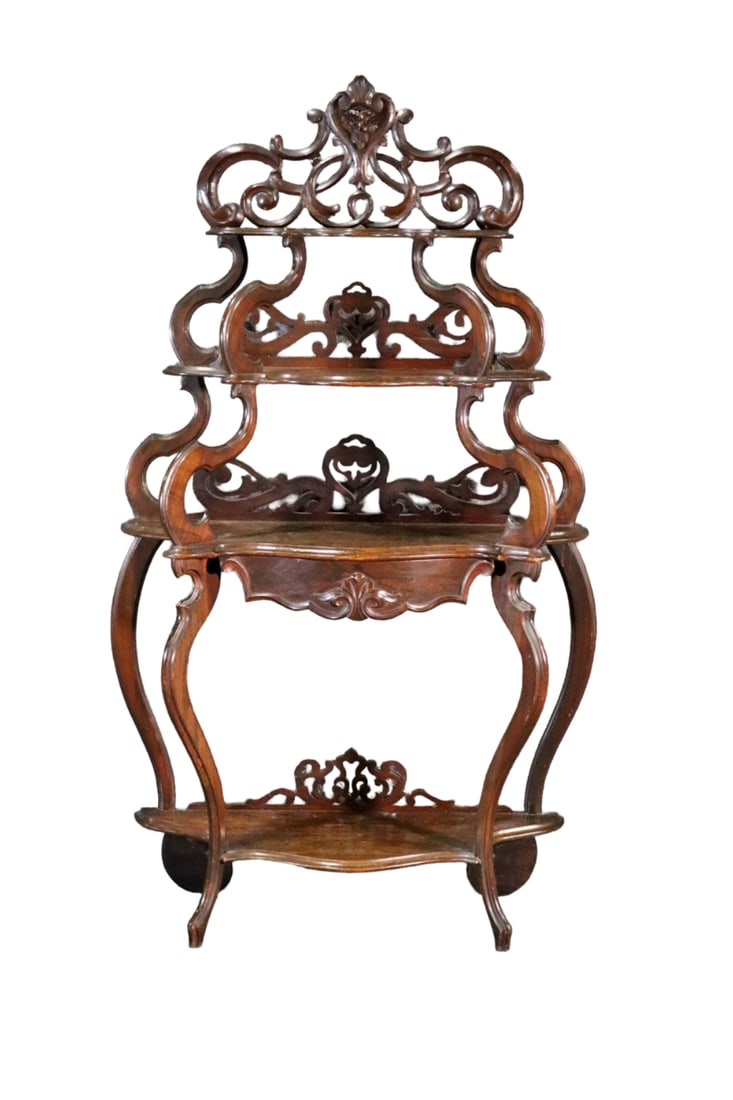 FRENCH CARVED WALNUT ETAGERE: Carved walnut frame. 4 shelves. 65" h x 39 1/4" w x 15" d.