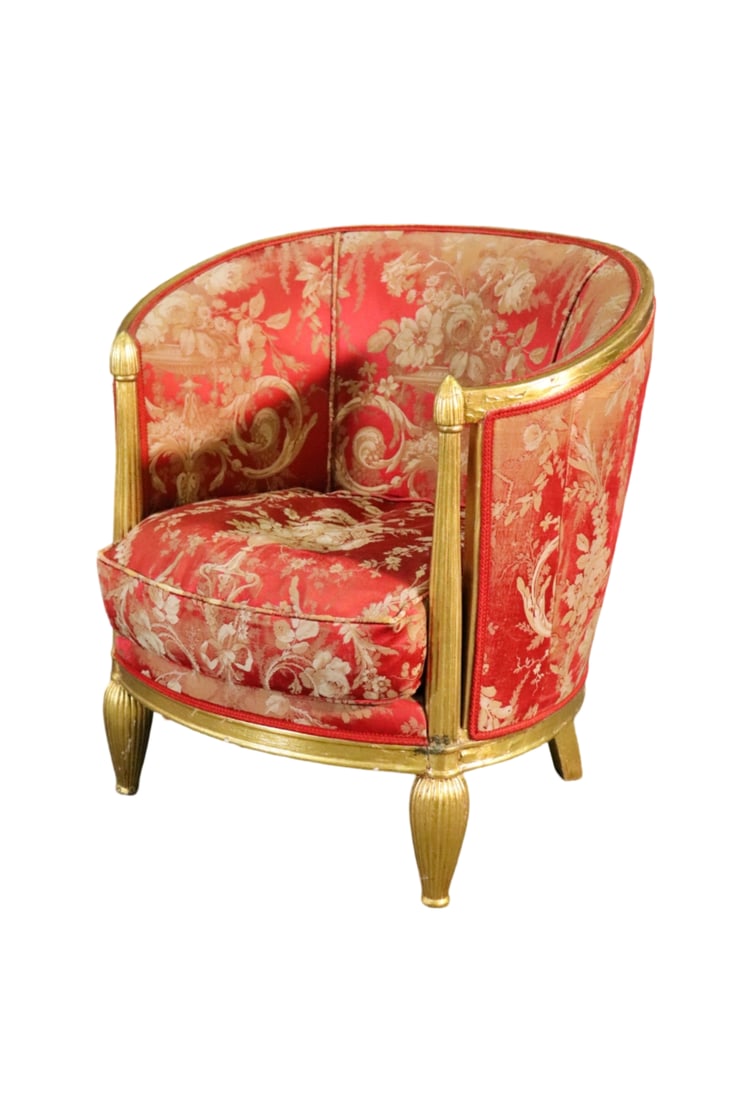 BARREL BACK GILT DECO BERGERE: Barrel back. Gilt painted. Upholstered. 30" h x 28 5/8" w x 25 1/2" d. Seat height 15".