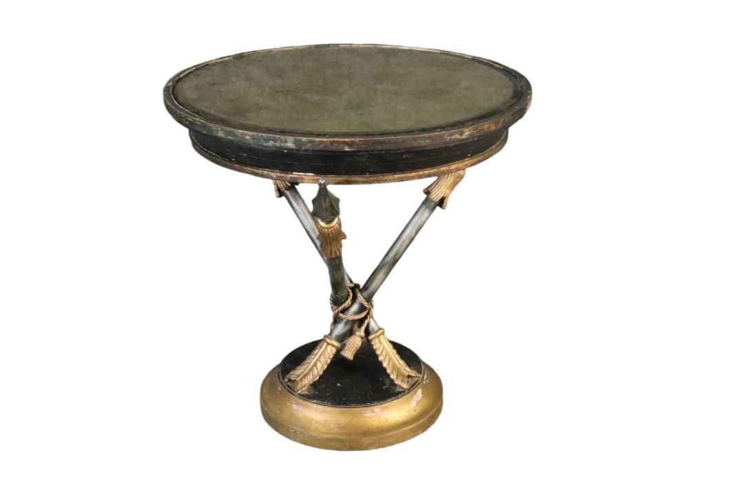 ARROW FORM GLASS TOP TABLE: Gold leaf glass top. Mixed metals. Gilt. 24" h x 24" diameter.