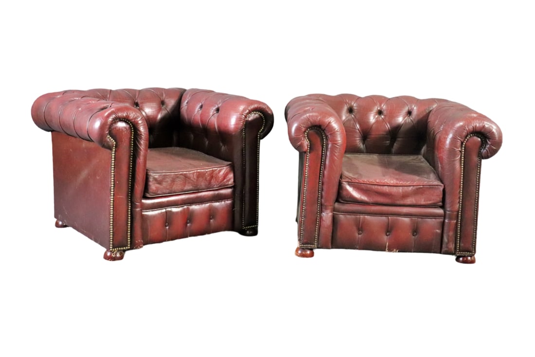 PAIR LEATHER CHESTERFIELD CUBE CHAIRS (1 of 10)
