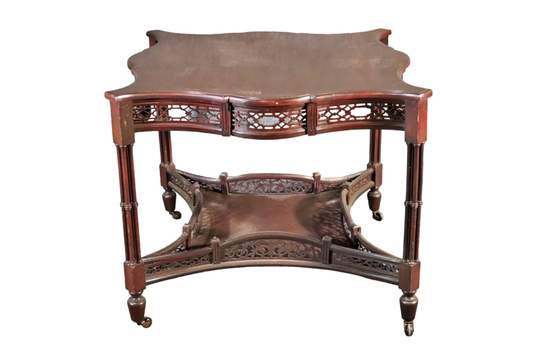 CHINESE CHIPPENDAL ENGLISH CENTER TABLE: Carved. Mahogany. 2 tier. 30" h x 35" w x 36" d.