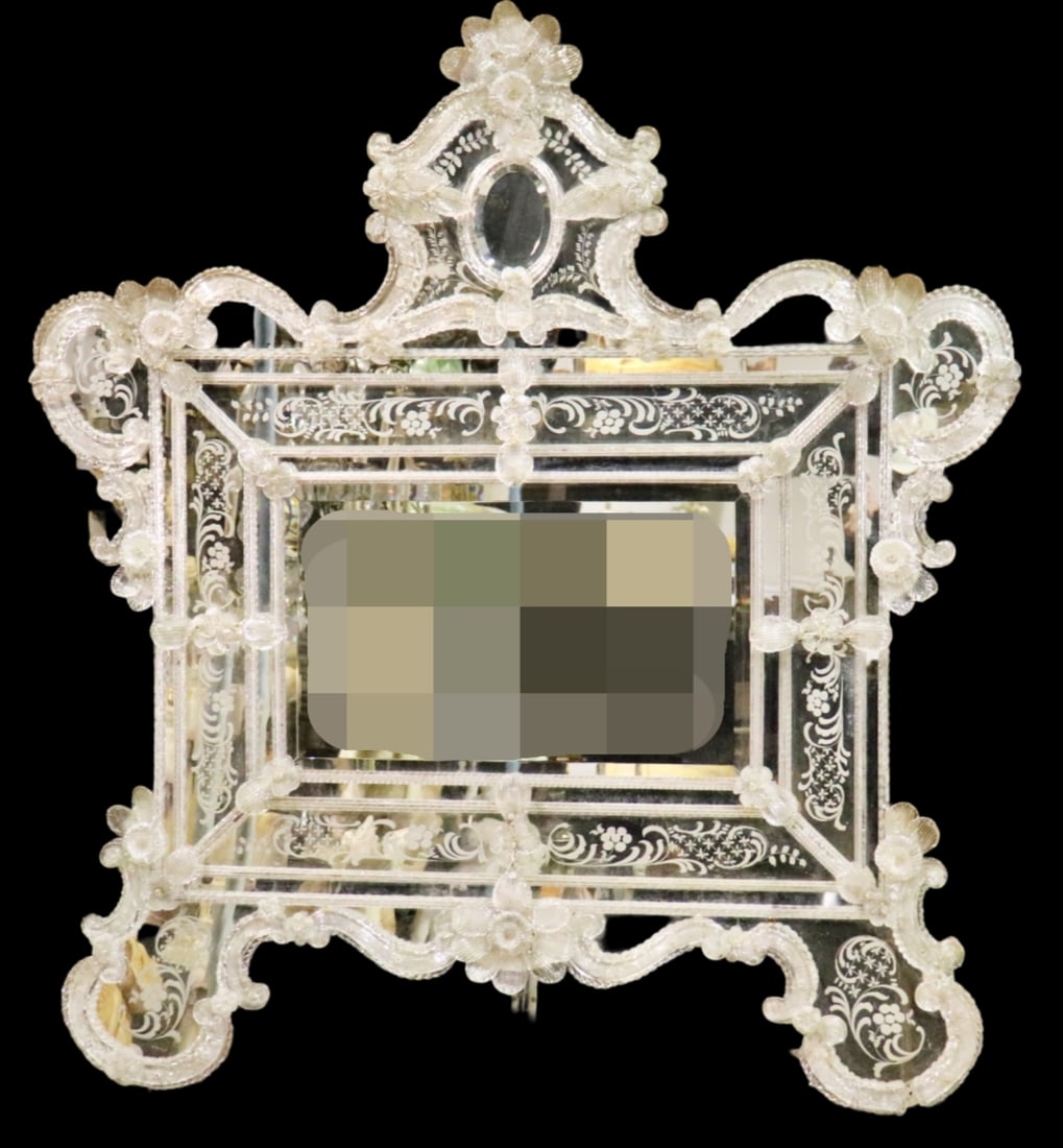 VENETIAN ETCHED GLASS MIRROR: Etched glass. 65 1/2" h x 59 1/4" w x 3" d.