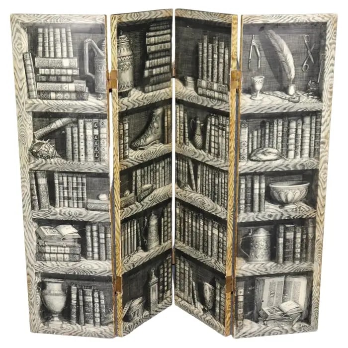 PIERO FORNASETTI ATTRIBUTED 4 PANEL MONOCHROME & POLYCHROME SCREEN: Monochromatic and polychromatic screen depicting variations of library with feather quill pens and various decorative objects. One side monochromatic and other side polychromatic. Frame is faux decora