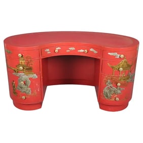 RED LEATHER GOLD EMBOSSED KIDNEY SHAPED CHINOISERIE PAINTED DESK
