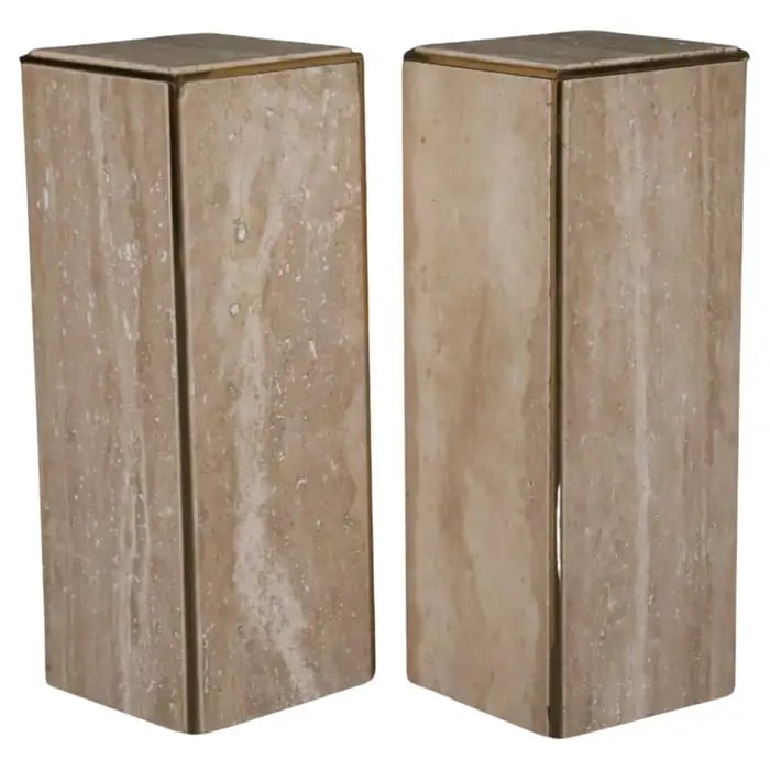PAIR KARL SPRINGER ATTRIBUTED TRAVERTINE & BRASS PEDESTALS (1 of 8)