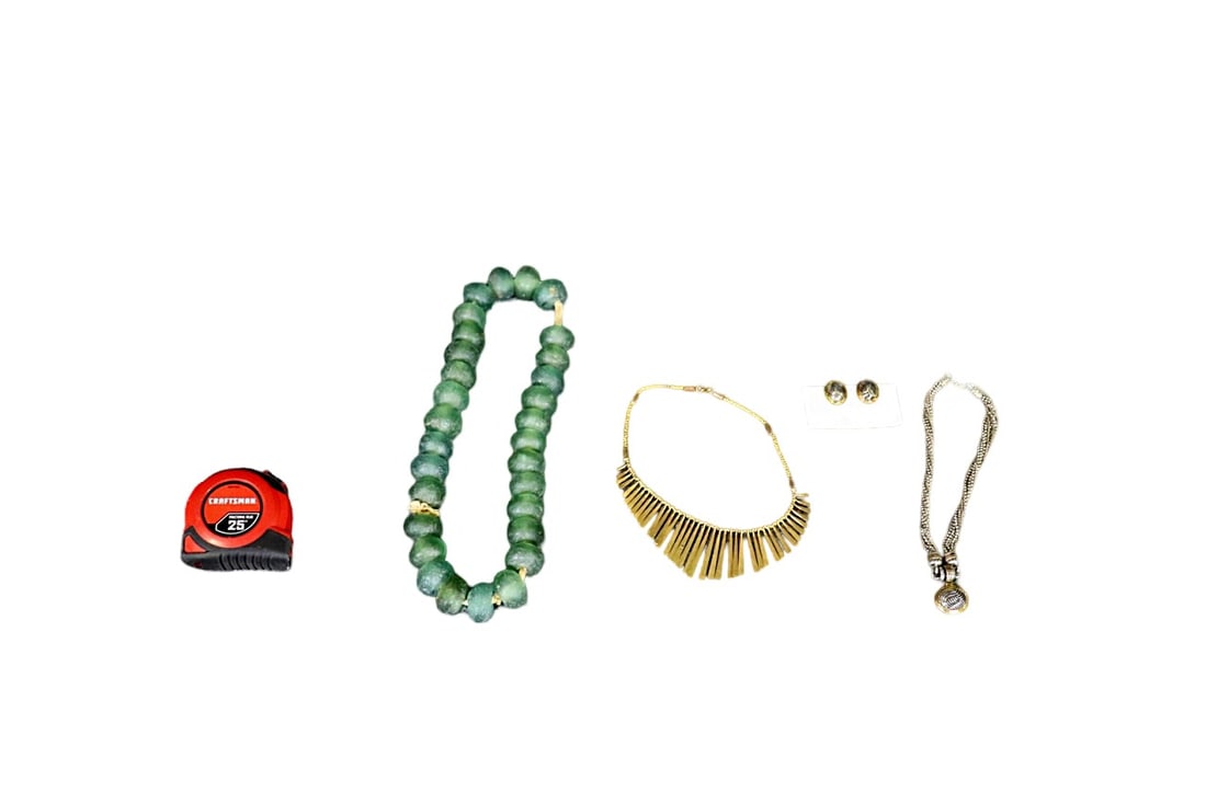 3 AFRICAN NECKLACES & 1 PAIR EARRINGS: One measures 1 1/2" h x 3 3/8" w x 13 5/8" d. One measures 1" h x 6" w x 8 7/8" d. One measures 1" h x 1 1/4" w x 9 1/2" d. Earrings measure 1/2" h x 5/8" w.