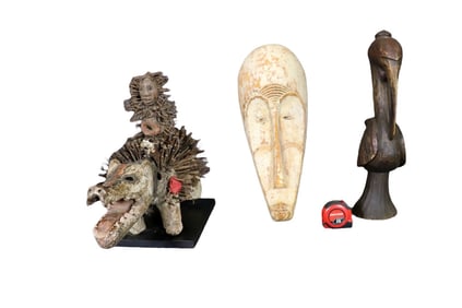 2 CARVED AFRICAN SCULPTURES & 1 CARVED & METAL SCULPTURE