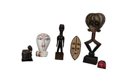 3 CARVED AFRICAN SCULPTURES & 2 MASKS