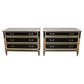 PAIR EBONIZED MAISON JANSEN STYLE MARBLE TOP GILDED COMMODES