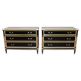 PAIR EBONIZED MAISON JANSEN STYLE MARBLE TOP GILDED COMMODES (1 of 10)
