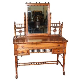 R J HORNER ATTRIBUTED WALNUT FAUX BAMBOO LADIES VANITY WITH MIRROR