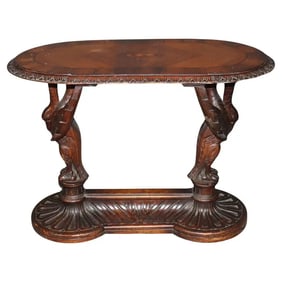 CARVED SWANS WALNUT INLAID CENTER TABLE ATTRIBUTED PABST