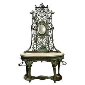 CAST IRON VERDI GRIS GREEN PAINTED MARBLE TOP HALL TREE