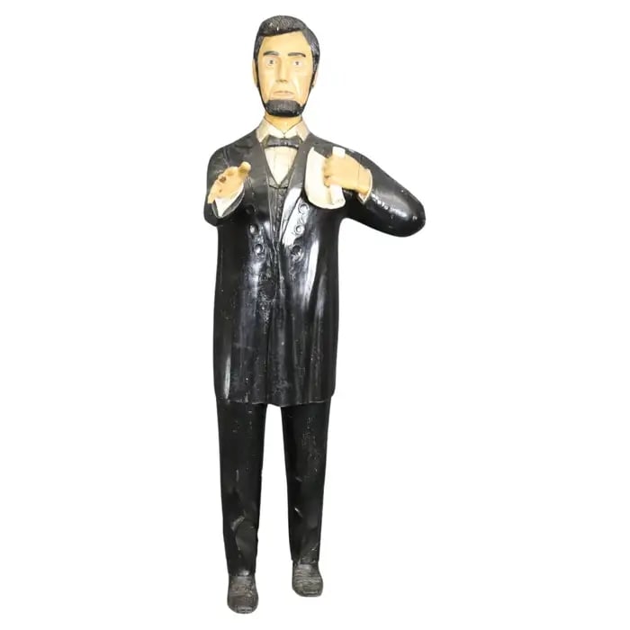 FOLK ART ANTIQUE CARVED WALNUT STATUE ABRAHAM LINCOLN: Circa 1880's. Carved. Painted. 84 1/2" h x 29" w x 39" d.