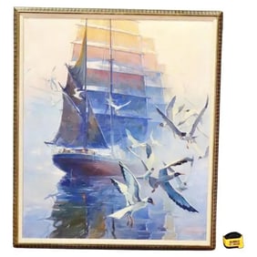 SIGNED A. CUCCHI OIL PAINTING SAILING SHIP EARLY MORNING FOG