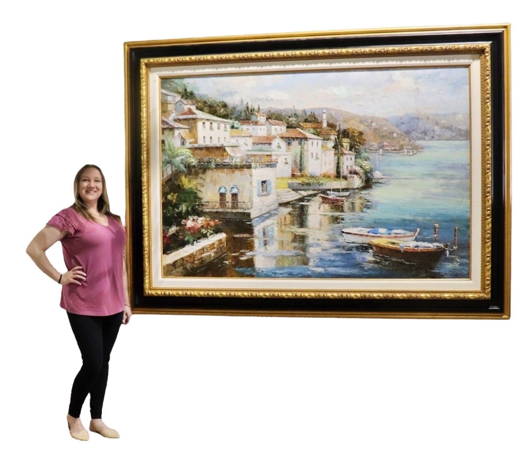 MONUMENTAL OIL PAINTING MEDITERRANEAN COASTAL SCENE: Illegibly signed lower right. Oil painting on canvas. Framed measures 66 1/2" h x 90 1/8" w x 5" d. Painting measures 52 5/8" h x 76 1/8" w.