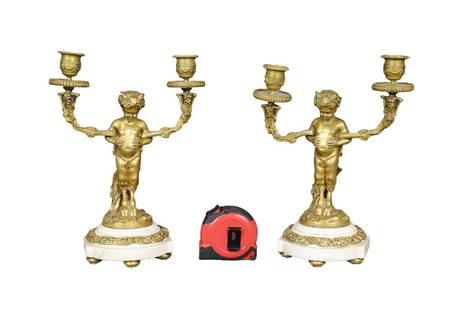 PAIR FRENCH BRONZE & MARBLE CANDELABRAS: Gilt bronze. Marble. Figural. 12" h x 8 3/4" w x 5" d.
