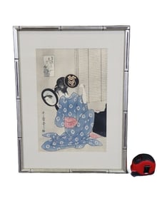 JAPANESE WOOD BLOCK PRINT WOMAN LOOKING IN MIRROR