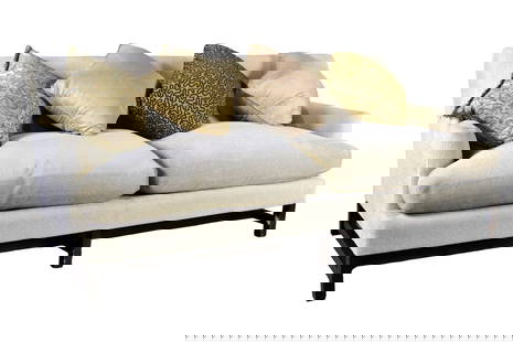 UPHOLSTERED CREAM SOFA: Upholstered. Wood legs. 35" h x 84 1/2" w x 33 1/2" d. Seat height 19"