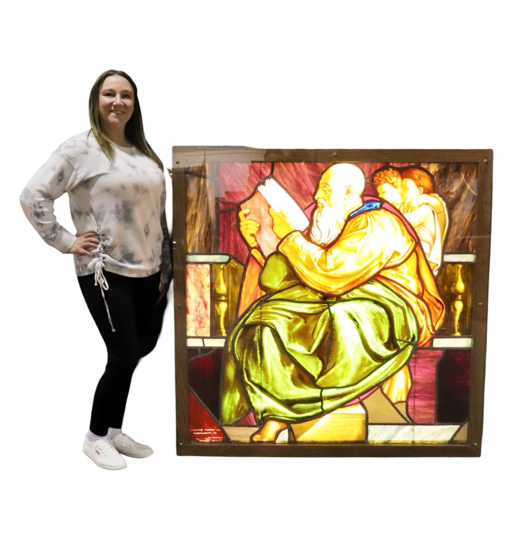 THE PROPHET ZACCHARIAS STAINED GLASS ARTWORK: Depicting The Prophet Zaccharias by Michelangelo executed by illegibly signed on lower left side. Wood frame. Under plexi glass. 52 1/4" h x 51 5/8" w x 6 3/8" d. Lighted.