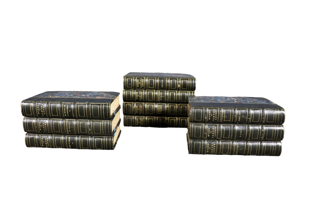 10 WORKS OF SAMUEL LOVER LEATHER BOUND BOOKS: Leather bound. Each book measures 8 5/8" h x 5 7/8" w x 1 1/2" d.