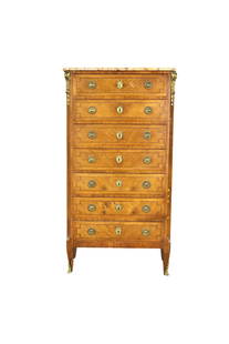 ANTIQUE INLAID MARBLE TOP CHEST OF DRAWERS: Marble top. Inlaid. Brass hardware and accents. 7 dovetailed drawers. 58 1/4" h x 29 1/2" w x 15 1/8" d.