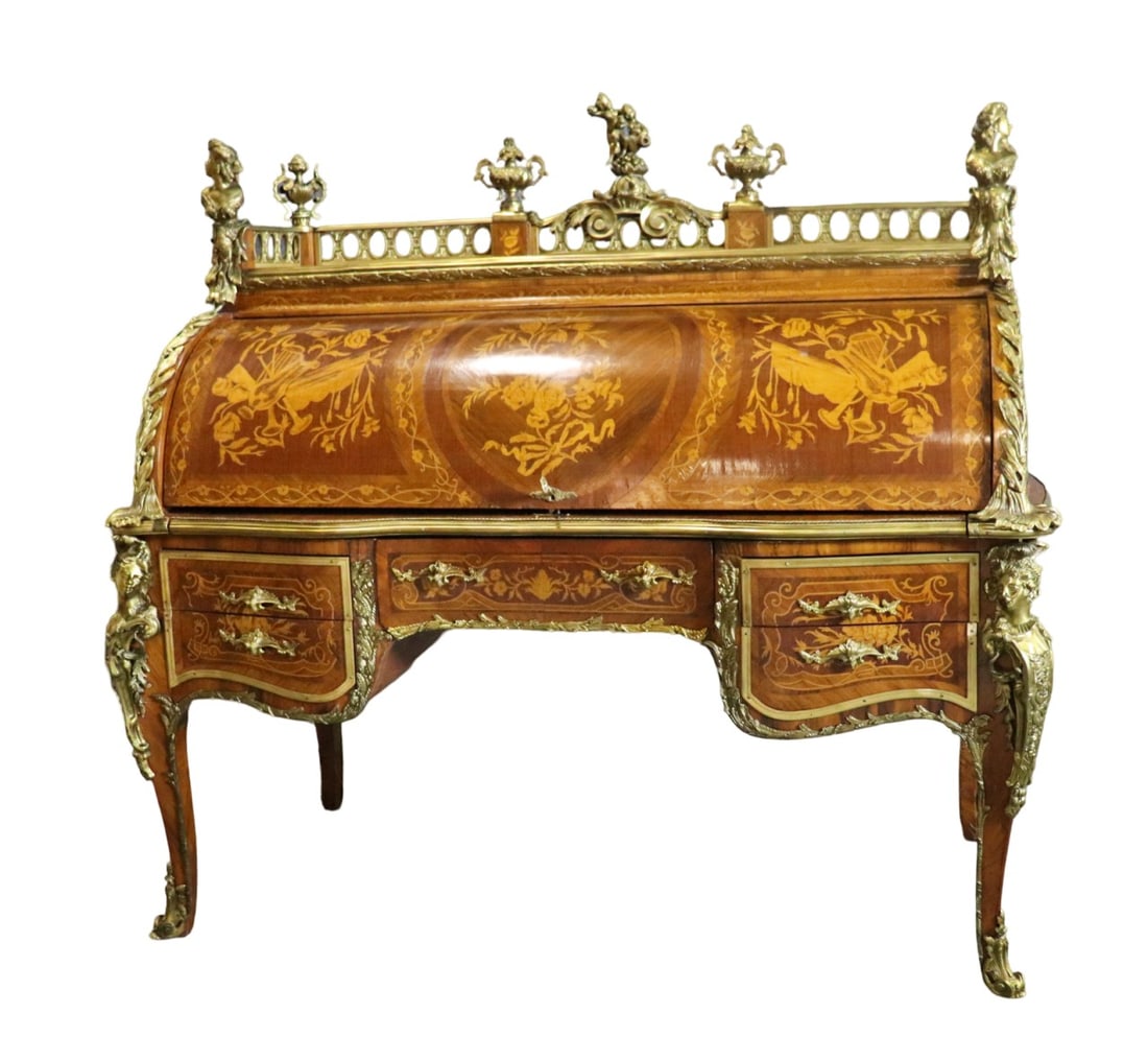 LOUIS XV STYLE ORNATE INLAID MAHOGANY CYLINDER DESK (1 of 20)