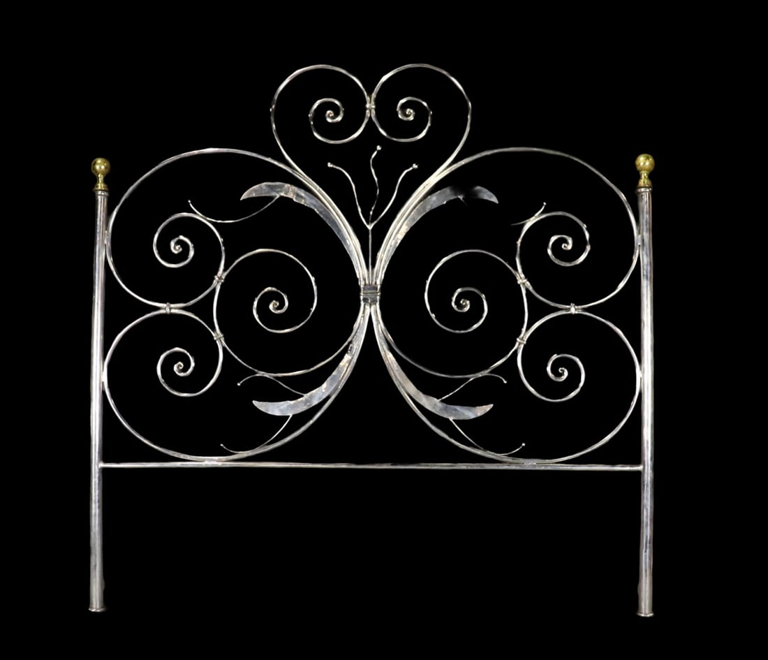 JOHN VESEY STYLE CUSTOM MADE STAINLESS HEADBOARD: Stainless frame. Brass accents. 78" h x 79" w x 5" d.