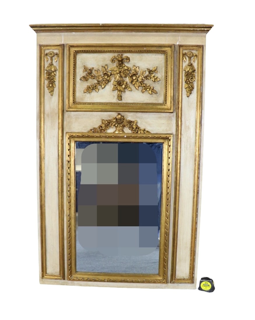 LOUIS XVI STYLE GILT WOOD DISTRESSED PAINTED MIRROR (1 of 10)