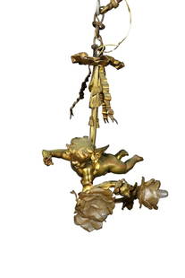 BRONZE PUTTI FIGURAL CHANDELIER: Putti figural. Bronze. Glass flower shades. 17" h x 10 1/2" w x 11" d.