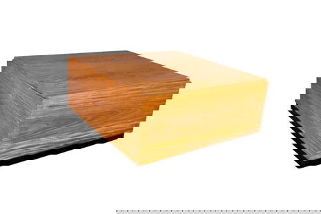 TEAK SQUARE COFFEE TABLE: Teak. Ebonized base. 16" h x 35 3/8" square.