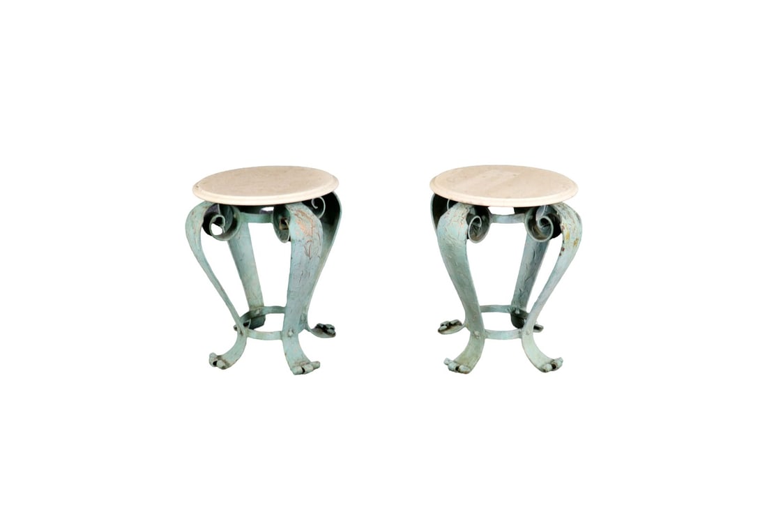 PAIR WROUGHT IRON & MARBLE TOP END TABLES (1 of 9)