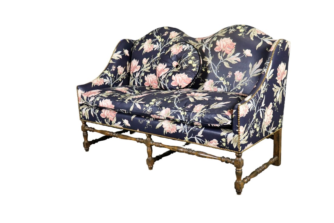 WILLIAM & MARY STYLE SETTEE/SOFA: Carved wood frame. Upholstered. Nail head trim. 40" h x 60 5/8" w x 31 1/2" d. Seat height 22".