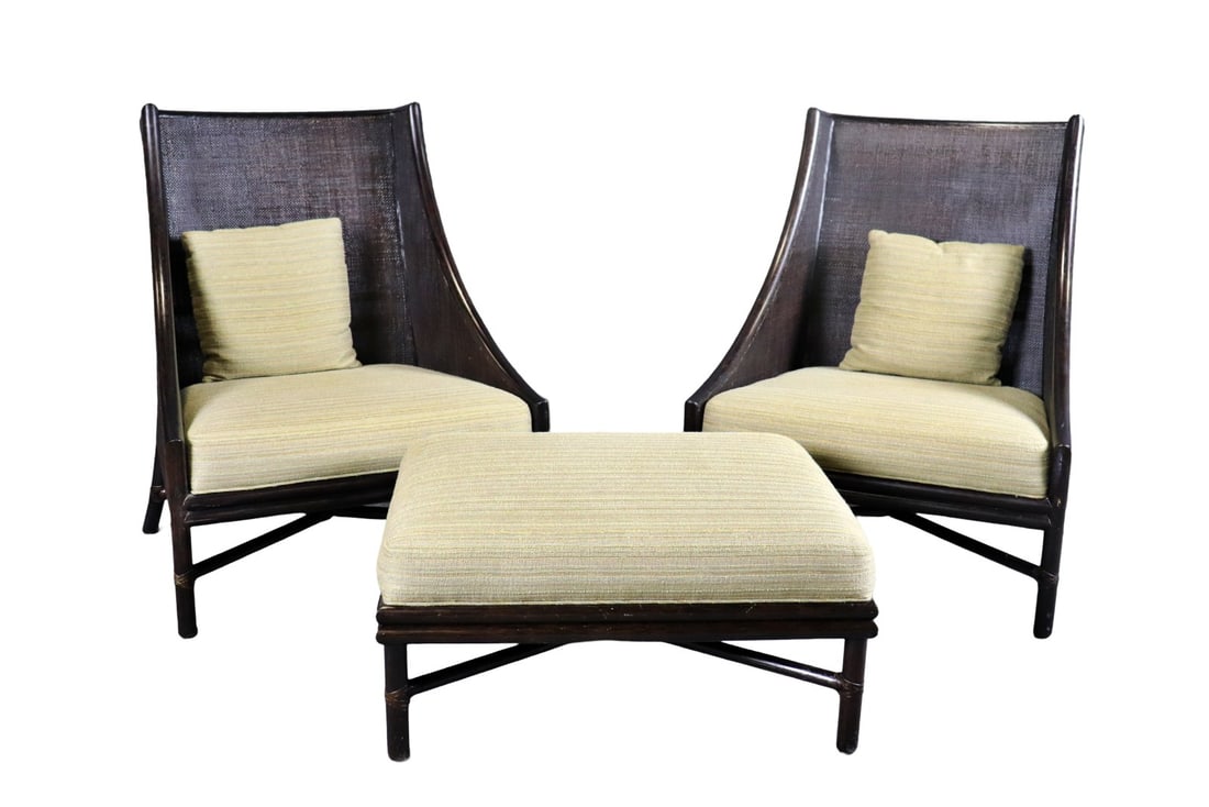 PAIR MCGUIRE RATTAN WICKER CHAIRS & 1 OTTOMAN (1 of 13)