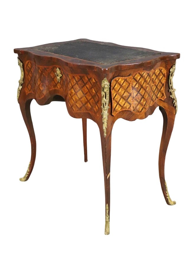 LOUIS XV STYLE MECHANICAL INLAID DESK 19TH C: Inlaid. Brass mounts. 29 1/8" h x 27 5/8" w x 17 7/8" d.