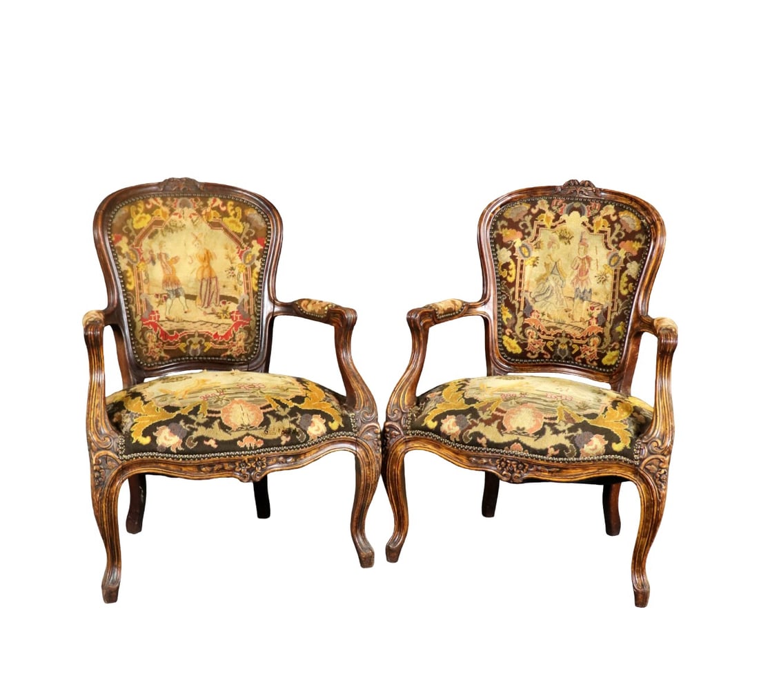 PAIR COUNTRY FRENCH TAPESTRY OPEN ARM CHAIRS (1 of 14)